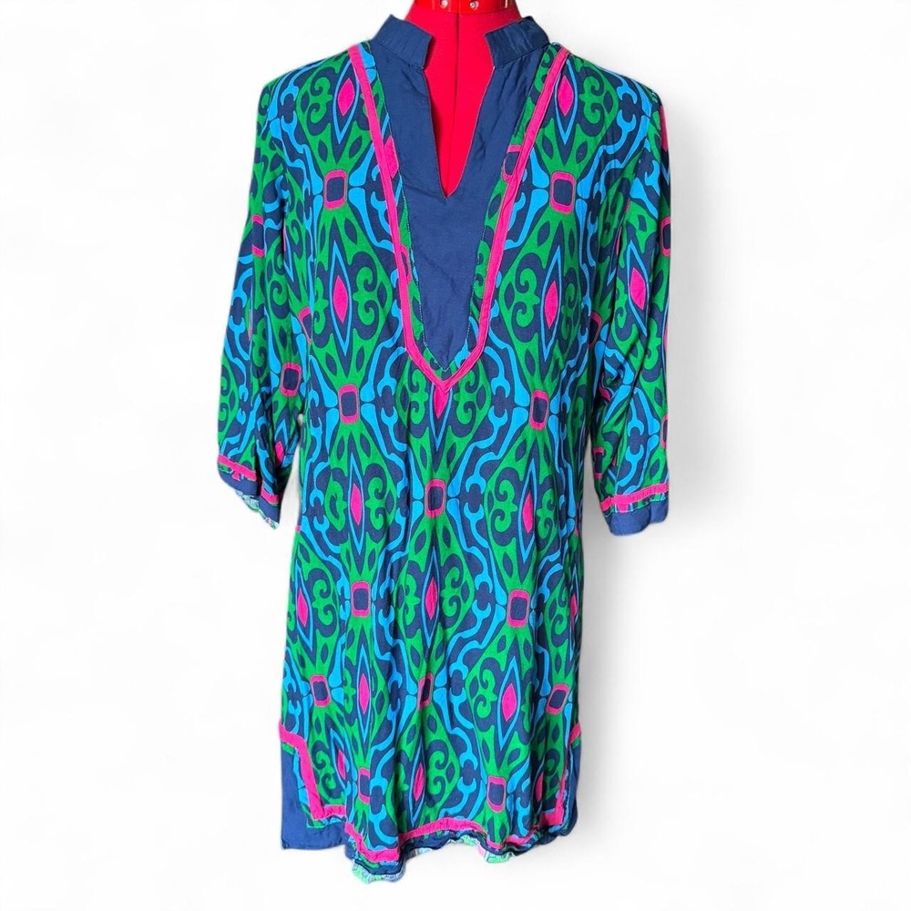 Escapada Blue Green Pink Geometric Boho Rayon Shift Dress Mens Medium